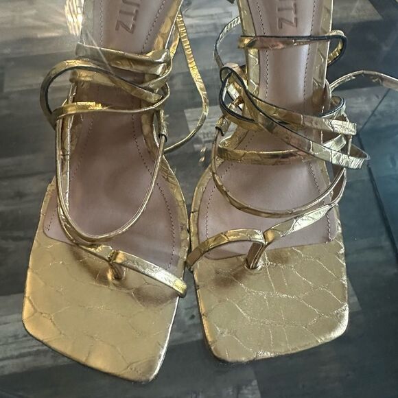 Schutz Gold Strappy Women's Sandals - Picture 4 of 13